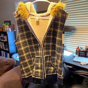 Self Esteem Faux Fur Vest with Faux Fur Hood, Plaid Hoodie